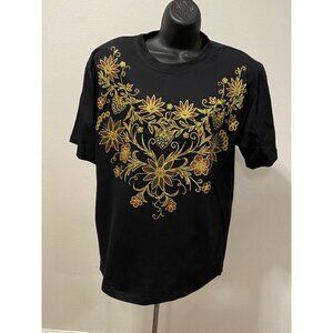 Classy Lady Womens L Dressy Tee Black With Floral Appliqué